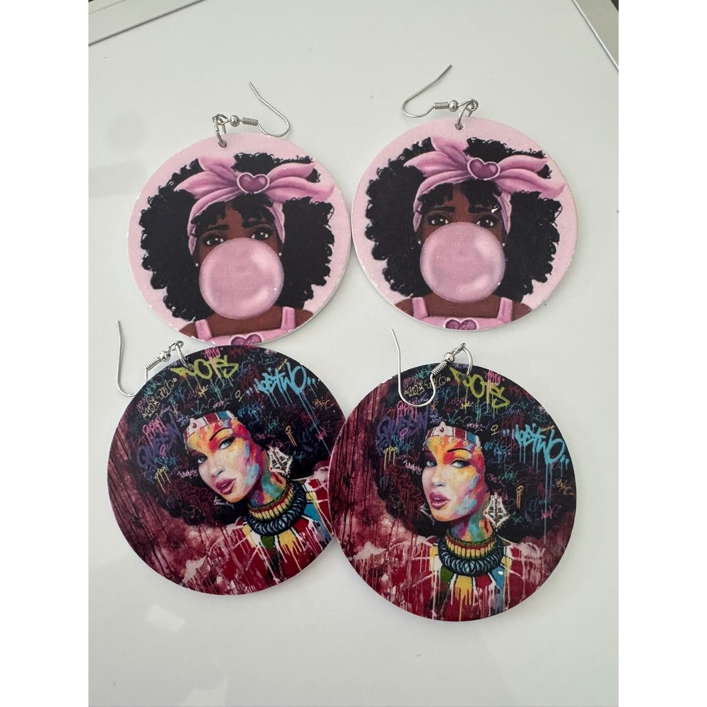 2 Pair Black‎ Girl Magic Wooden Round Disc Earrings Bubblegum & Graffiti Art
